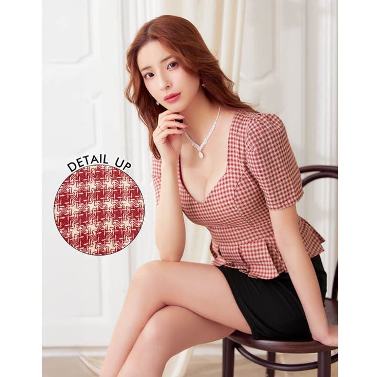 [SML/3サイズ展開] レトロチェックツイードペプラム半袖タイトミニドレス | Dazzy | 詳細画像4 