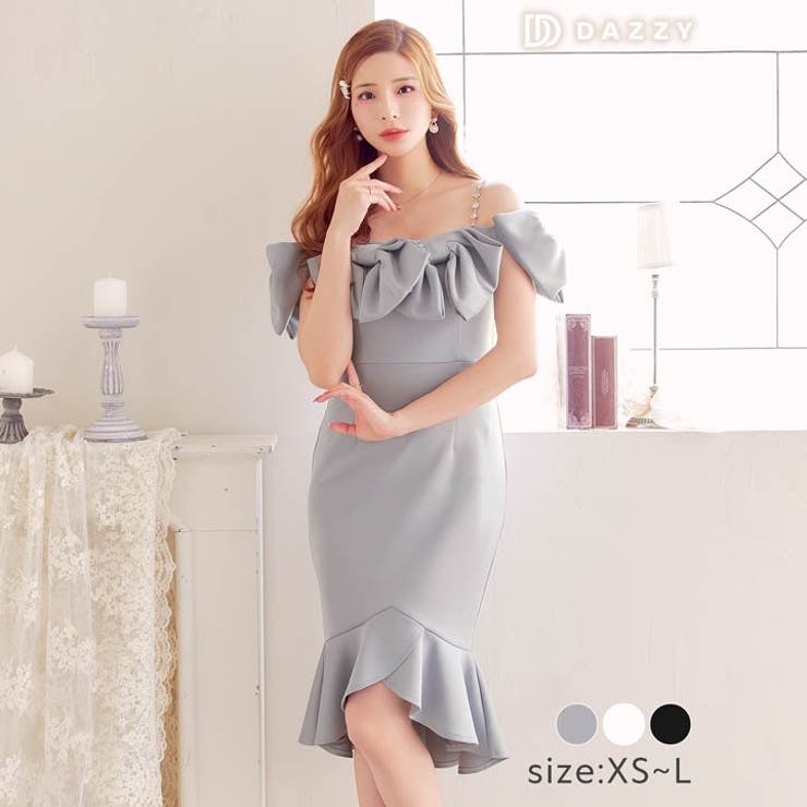 [XS~L 4サイズ展開] ビッグリボンオフショルビジューチェーンマーメイド膝丈… | Dazzy | 詳細画像1 