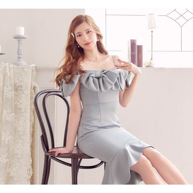 [XS~L 4サイズ展開] ビッグリボンオフショルビジューチェーンマーメイド膝丈… | Dazzy | 詳細画像12 