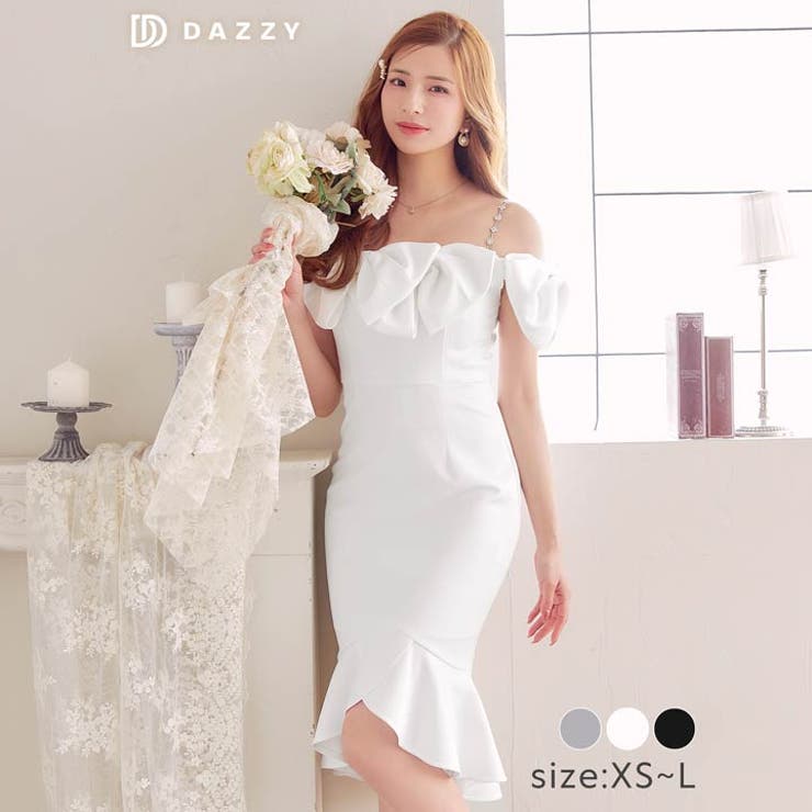 [XS~L 4サイズ展開] ビッグリボンオフショルビジューチェーンマーメイド膝丈… | Dazzy | 詳細画像4 
