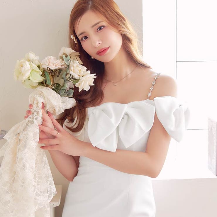 [XS~L 4サイズ展開] ビッグリボンオフショルビジューチェーンマーメイド膝丈… | Dazzy | 詳細画像5 