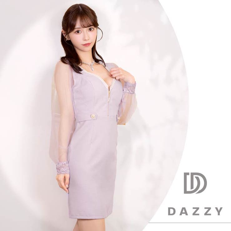 [SML 3サイズ展開] フロントジップビジューツイードラインチュール長袖タイト… | Dazzy | 詳細画像12 