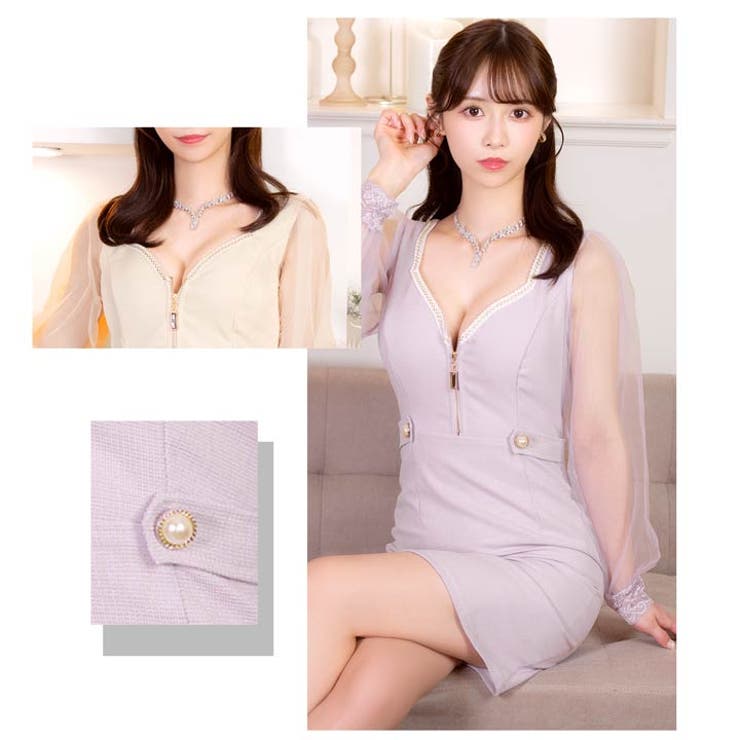 [SML 3サイズ展開] フロントジップビジューツイードラインチュール長袖タイト… | Dazzy | 詳細画像13 