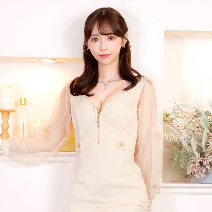 [SML 3サイズ展開] フロントジップビジューツイードラインチュール長袖タイト… | Dazzy | 詳細画像5 