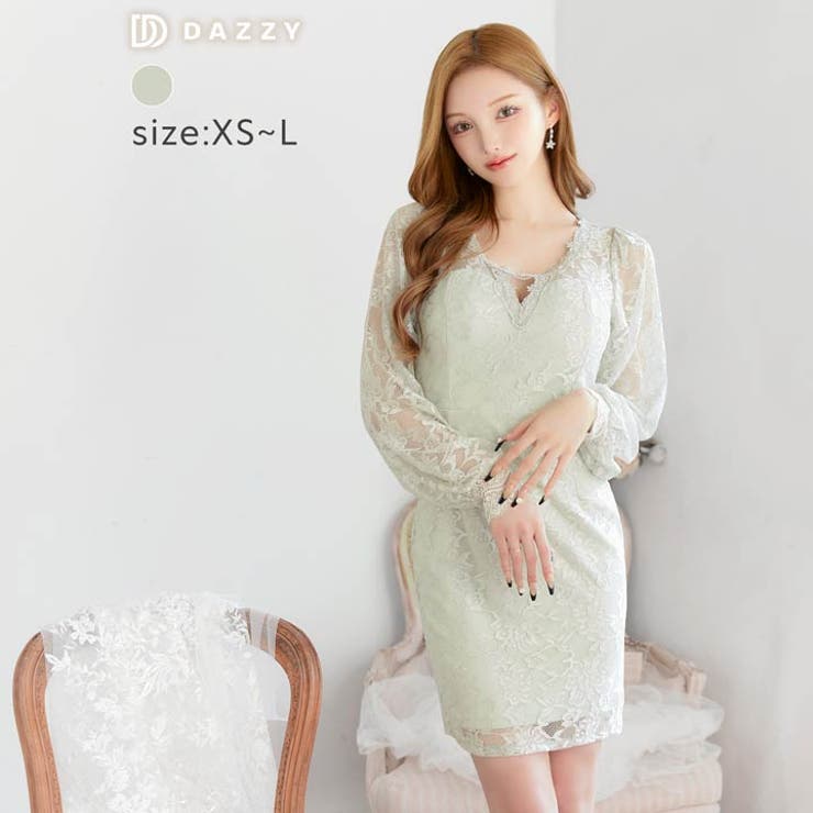 [XS~L 4サイズ展開] シアーフラワーレースVネックロングスリーブタイトミニ… | Dazzy | 詳細画像1 