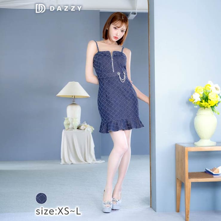 ウエストパールチェーンデニム格子キャミソールタイトミニドレス[XS~L 4サイズ… | Dazzy | 詳細画像2 
