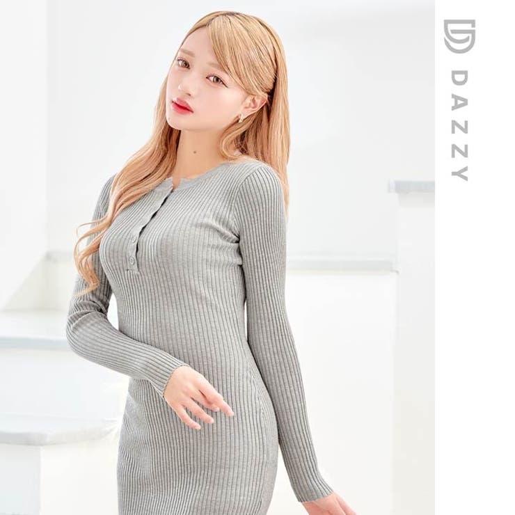 長袖ロングニットワンピース ヘンリーネック タイト 韓国 s6190 ヘンリーネック長袖タイト リブニット ワンピース[品番