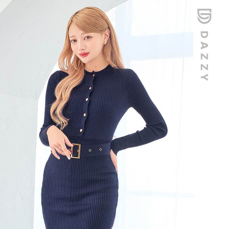ハーフボタンベルト付き長袖リブニットワンピース | Dazzy | 詳細画像12 