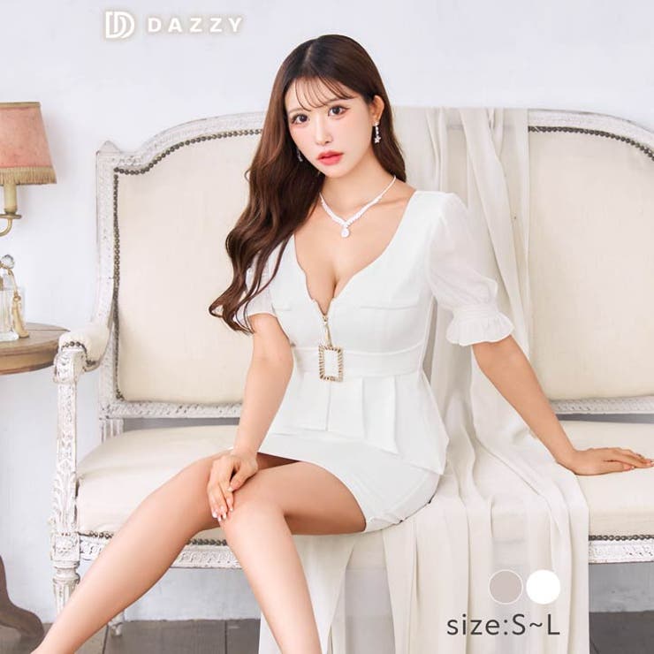 [SML 3サイズ展開] Vネックフロントジップシフォンスリーブペプラムタイトミ… | Dazzy | 詳細画像7 