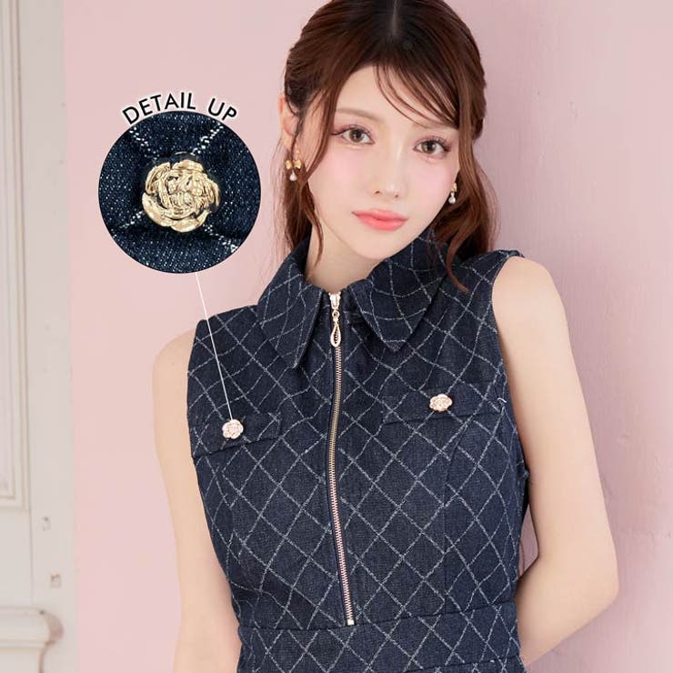an オールチェック襟付きフロントジップノースリーブAラインミニドレス XSサイズあり【Glossy/グロッシー】襟付き/ ノースリーブ