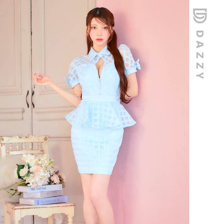  フロントジップペプラムチェックリボンパフスリーブタイトミニドレス | Dazzy | 詳細画像12 