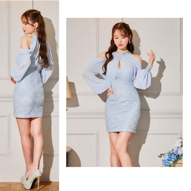  スパンコールチェックビジューオープンショルダータイトミニドレス | Dazzy | 詳細画像13 