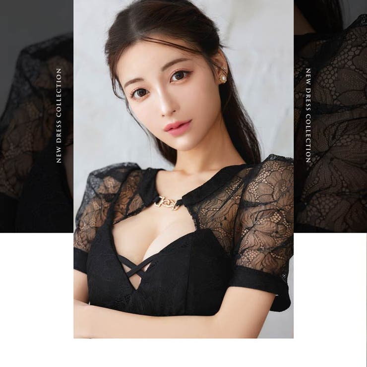 XS~L 4サイズ展開] シアーレースクロスコードパフスリーブタイトミニ