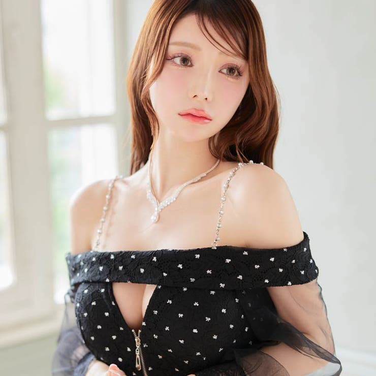 [SML 3サイズ展開] ビジュードットジップホールチュールオフショルタイトミニ… | Dazzy | 詳細画像5 