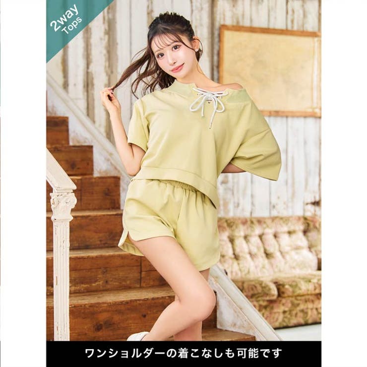 ショルダースウェットトップス＆ハーフパンツセットアップ[品番