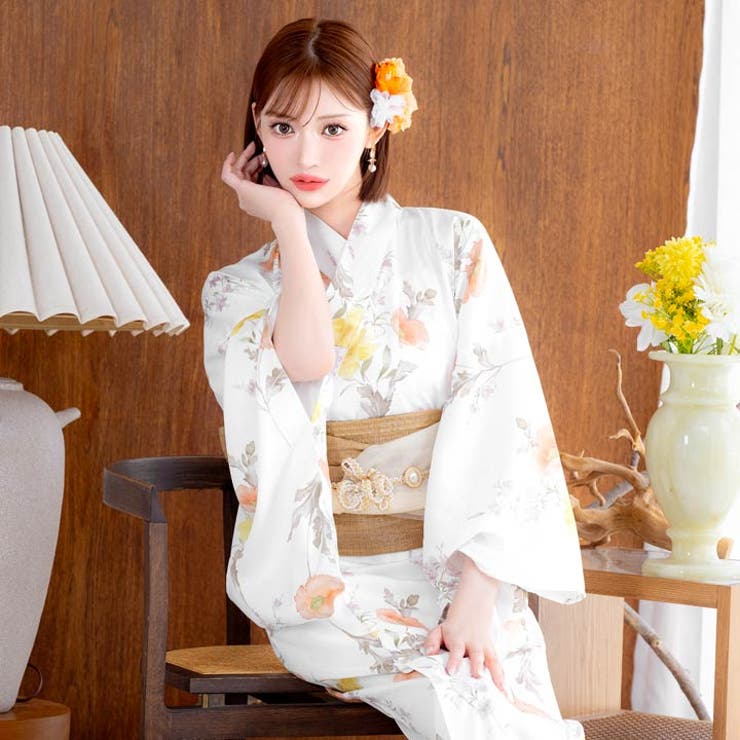 Dazzy デイジー 浴衣 浴衣コレクション ホワイトパール 白地×パステルポピー柄浴衣[品番：DY000032646]｜Dazzy