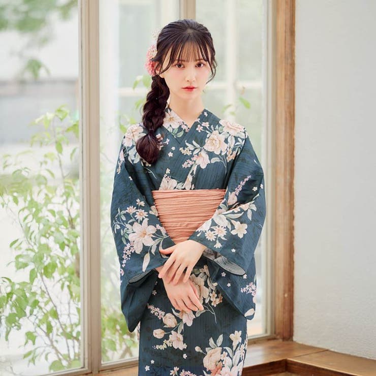 デイジー浴衣・帯セット 青緑色花柄 クリーム蝶柄 2045-1914-1a_m1.jpg