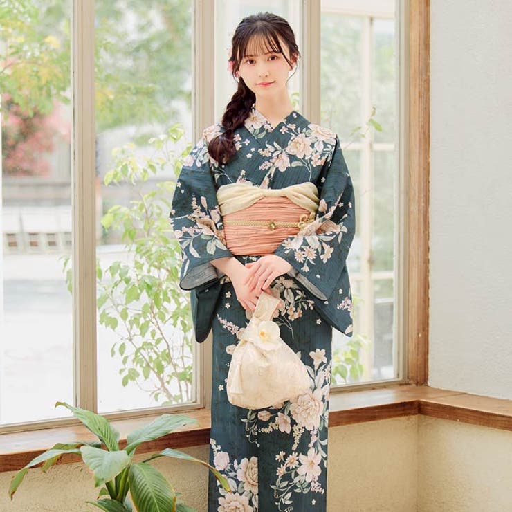 デイジー浴衣・帯セット 青緑色花柄 クリーム蝶柄 水彩花柄浴衣セット[gi1401] | レディースファッション通販の