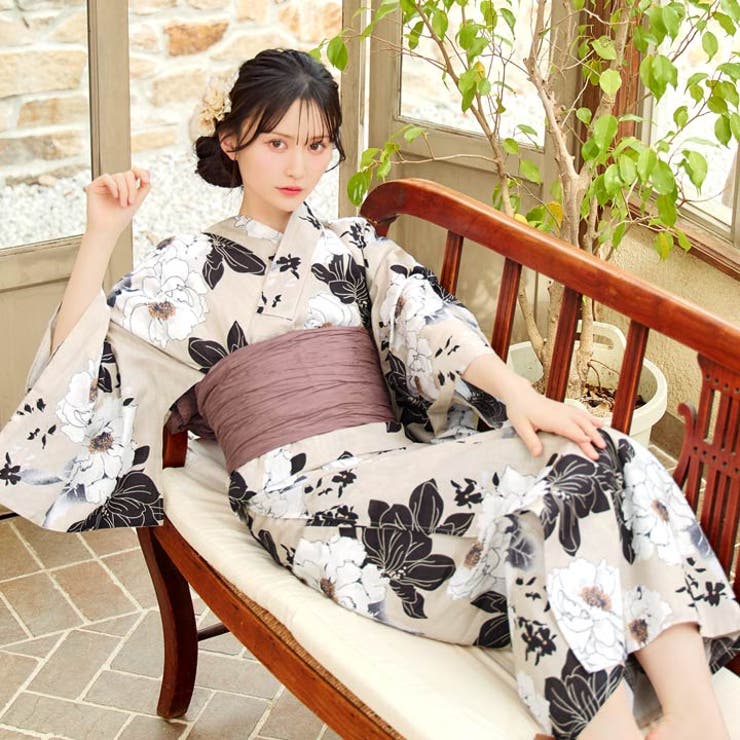 3点SET]グレージュ×白薔薇柄浴衣【2025年新作 YUKATA by[品番
