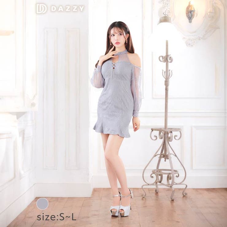 オフショルレースクロスコードファスナーマーメイドミニドレス