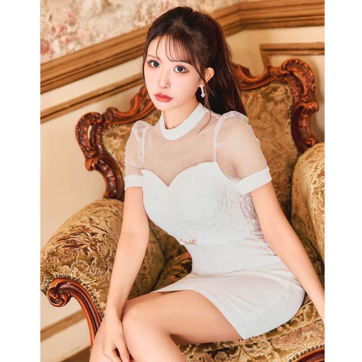 [SML 3サイズ展開] ケミカルレースドッキングシアーパフスリーブタイトミニド… | Dazzy | 詳細画像5 