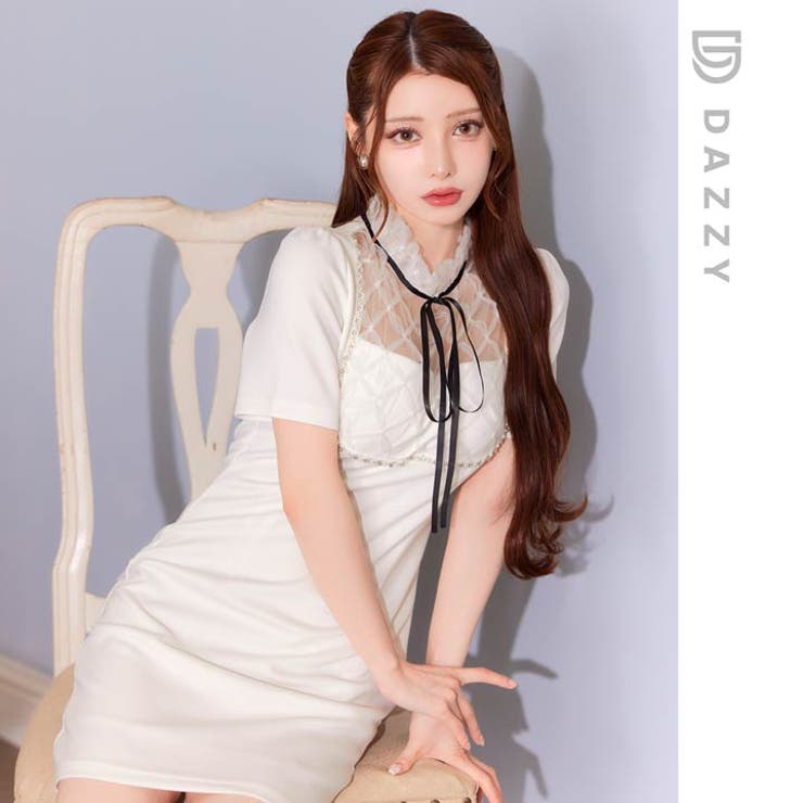 [SML 3サイズ展開] ハイネックシアーボウタイリボンパールビジュー半袖タイト… | Dazzy | 詳細画像12 