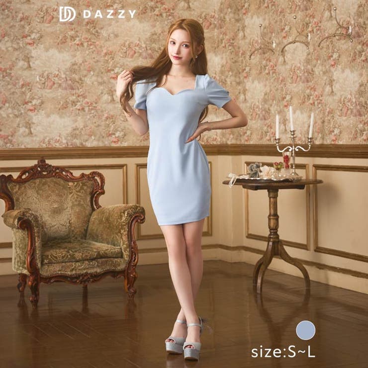 DAZZY ライトブルー 半袖ミニドレス M キャバ ドレスハイネックドットチュール長袖Aラインミニドレス