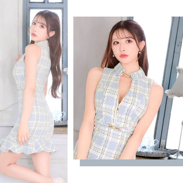  襟付きノースリーブチェック柄ジップマーメイドミニドレス  | Dazzy | 詳細画像13 
