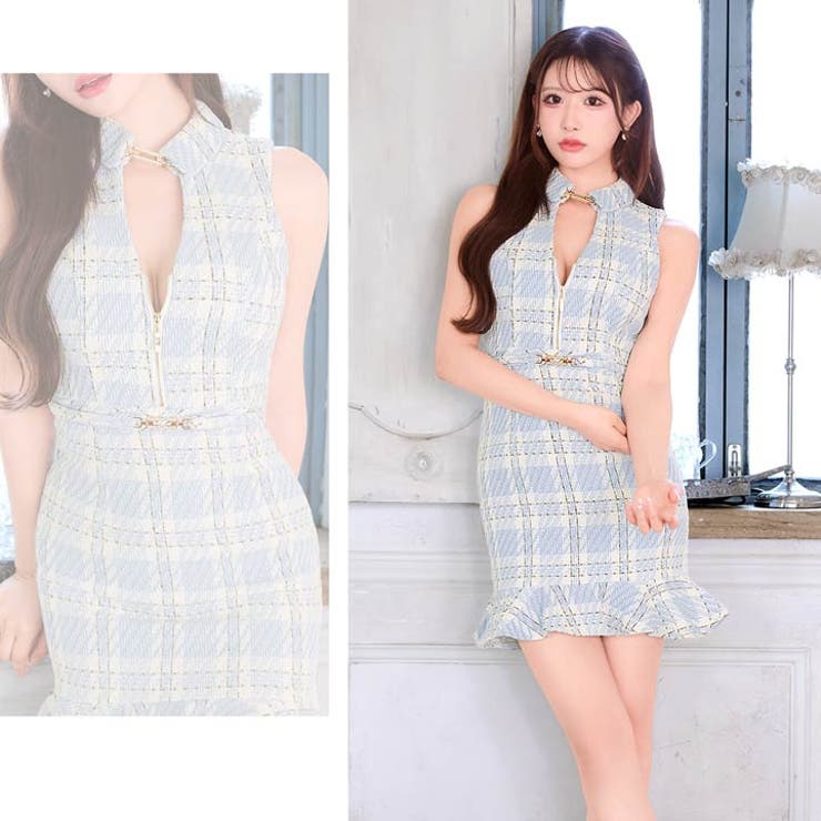  襟付きノースリーブチェック柄ジップマーメイドミニドレス  | Dazzy | 詳細画像14 