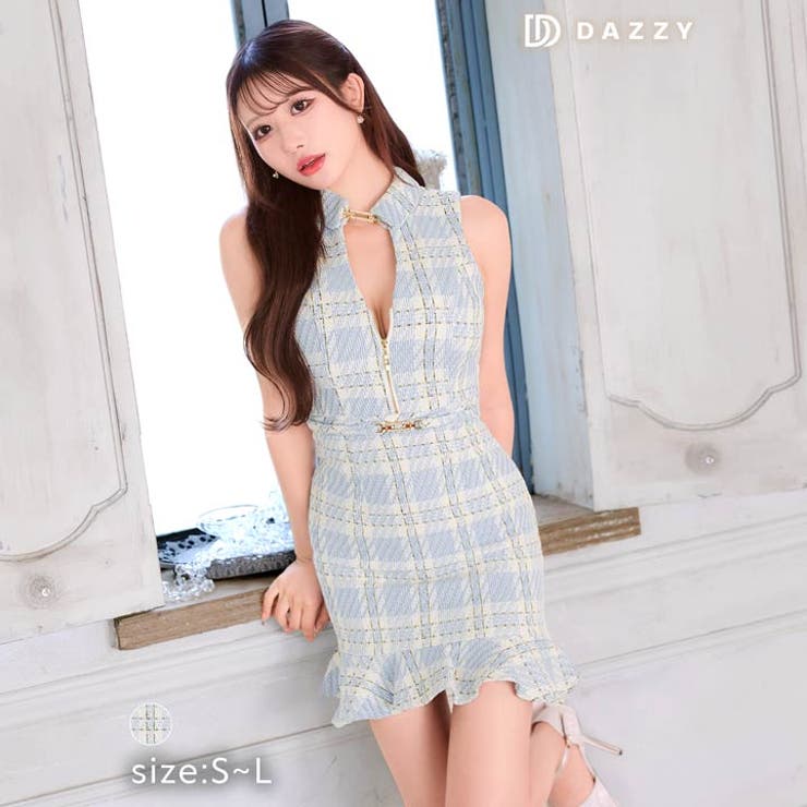  襟付きノースリーブチェック柄ジップマーメイドミニドレス  | Dazzy | 詳細画像6 