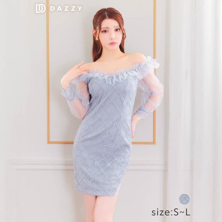 [SML 3サイズ展開] スパンコールドット格子オフショルフリルチュール袖タイト… | Dazzy | 詳細画像5 