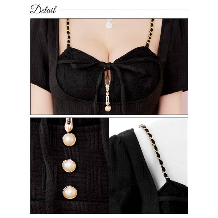 [SML 3サイズ展開] フロントジップリボン半袖チェーンストラップタイトミニド… | Dazzy | 詳細画像10 