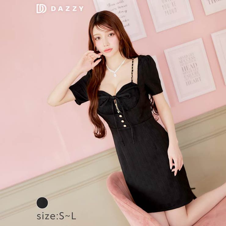 [SML 3サイズ展開] フロントジップリボン半袖チェーンストラップタイトミニド… | Dazzy | 詳細画像7 