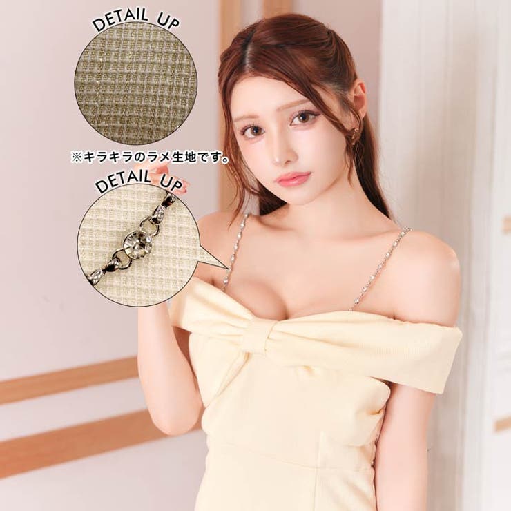 [SML 3サイズ展開] ツイードリボンオフショルチェーンビジューマーメイドミニ… | Dazzy | 詳細画像3 