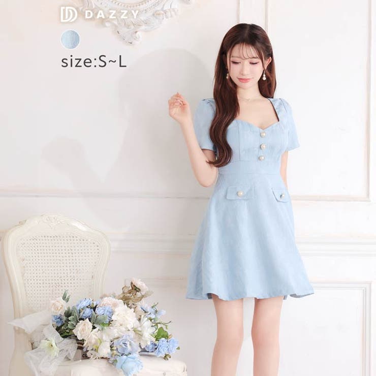 DAZZY ライトブルー 半袖ミニドレス M ジャガードローズパールビジュー半袖Aラインミニドレス[品番