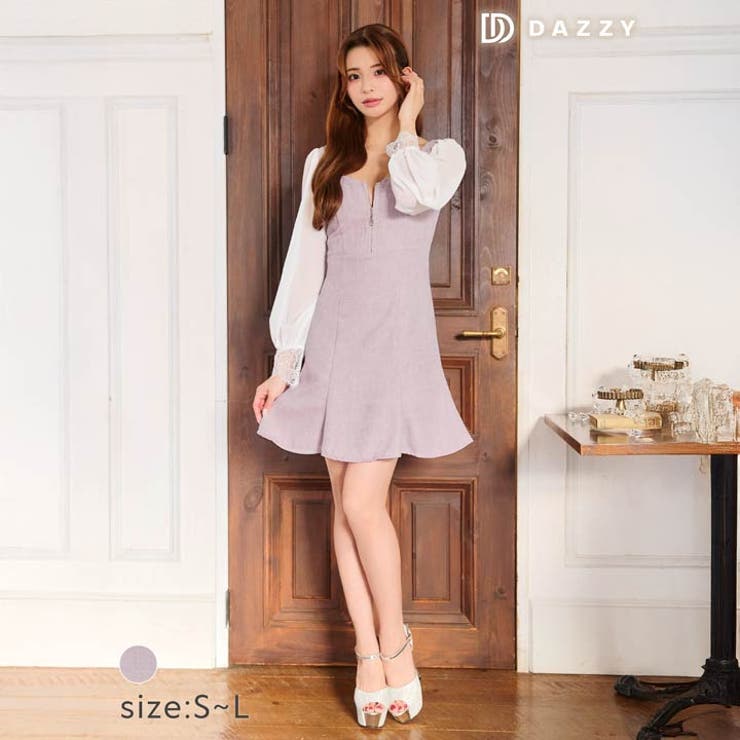 [SML 3サイズ展開] フロントジップツイードシフォンレース長袖マーメイドミニ… | Dazzy | 詳細画像2 