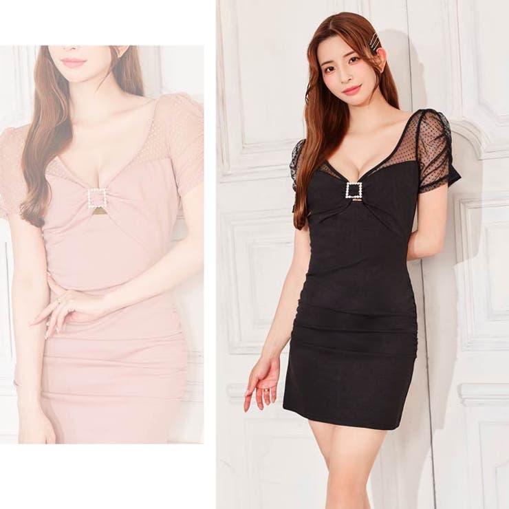 [SML 3サイズ展開] ドットシアーリボン風ビジューバックル半袖タイトミニドレ… | Dazzy | 詳細画像14 