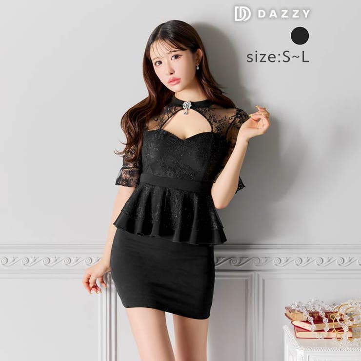 [SML 3サイズ展開] グリッターペプラムフラワーレース五分袖タイトミニドレス… | Dazzy | 詳細画像3 