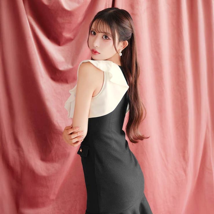 ドレス ミニ ビジュー フリル アシメ 白黒 パーティー 結婚式 org.jpg