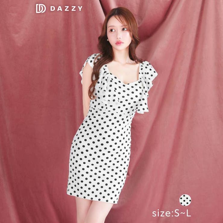 ハートネックドットフリルスリーブタイトミニドレス[品番：DY000033141