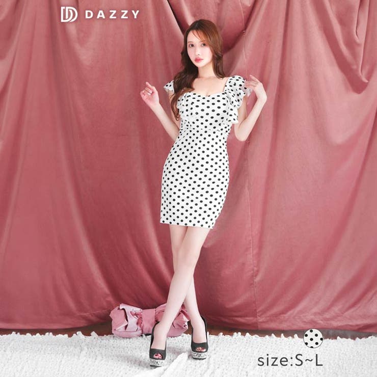 ハートネックドットフリルスリーブタイトミニドレス[品番：DY000033141