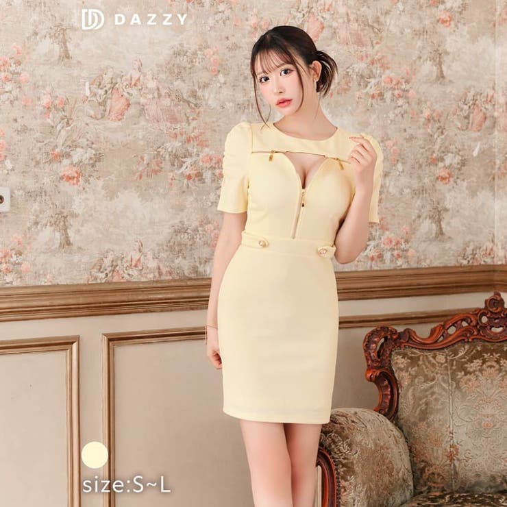 [SML 3サイズ展開] ワッフルホールジップパフスリーブタイトミニドレス[伊藤… | Dazzy | 詳細画像1 