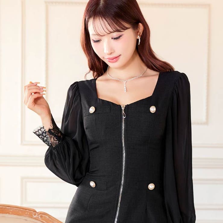 [SML 3サイズ展開] スクエアネックパールボタンフルジップ長袖タイトミニドレ… | Dazzy | 詳細画像3 