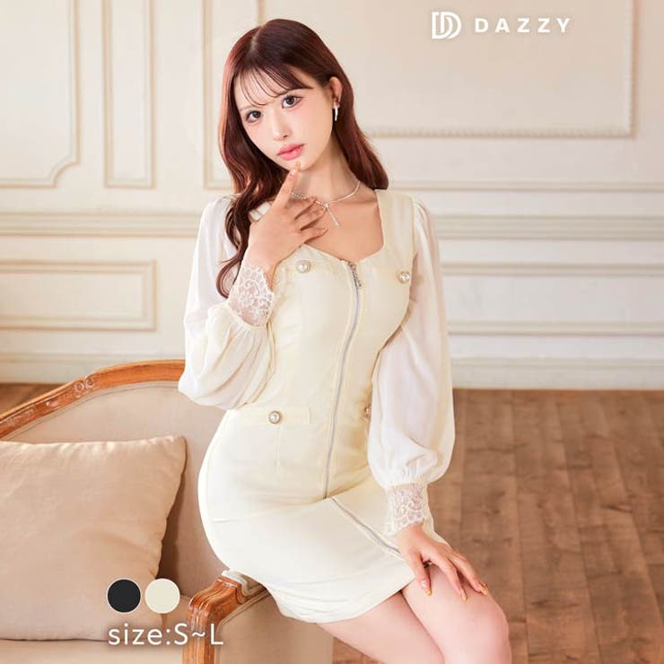 [SML 3サイズ展開] スクエアネックパールボタンフルジップ長袖タイトミニドレ… | Dazzy | 詳細画像5 