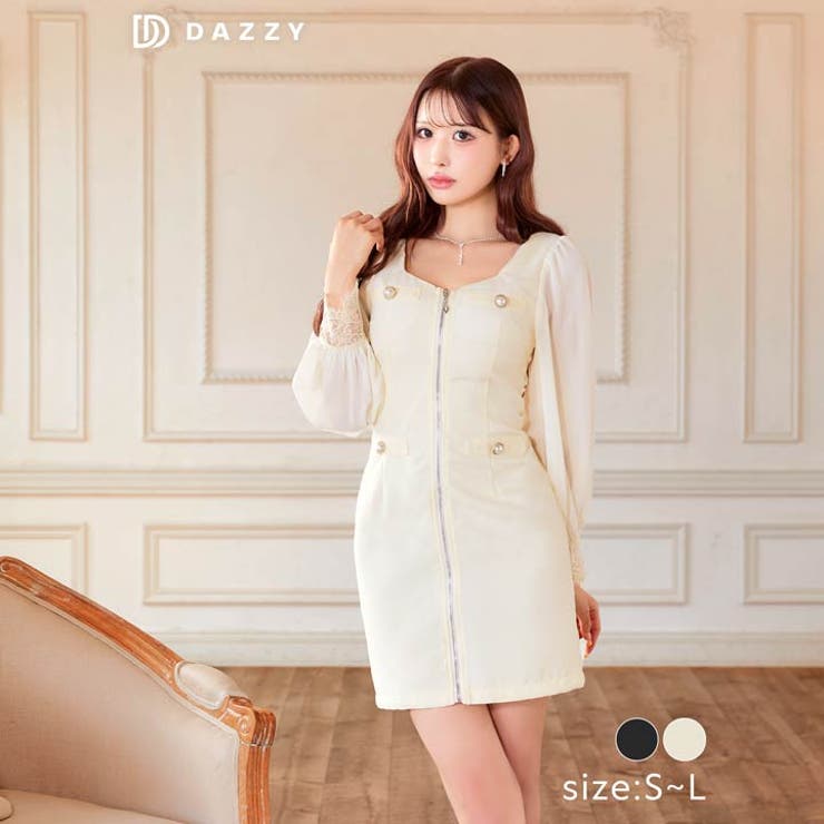 [SML 3サイズ展開] スクエアネックパールボタンフルジップ長袖タイトミニドレ… | Dazzy | 詳細画像7 