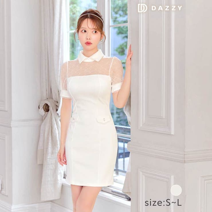 [SML/3サイズ展開] 襟付き格子柄シアーレース半袖タイトミニドレス | Dazzy | 詳細画像1 