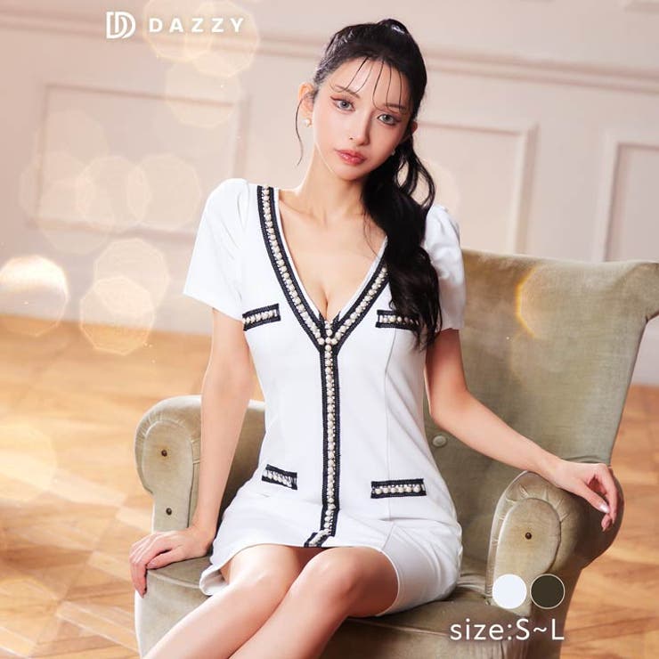 [SML 3サイズ展開] バイカラーフロントパールビジューライン半袖タイトミニド… | Dazzy | 詳細画像1 