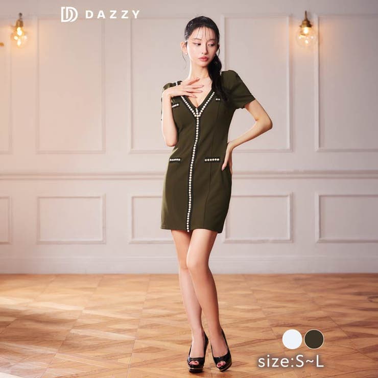 [SML 3サイズ展開] バイカラーフロントパールビジューライン半袖タイトミニド… | Dazzy | 詳細画像5 