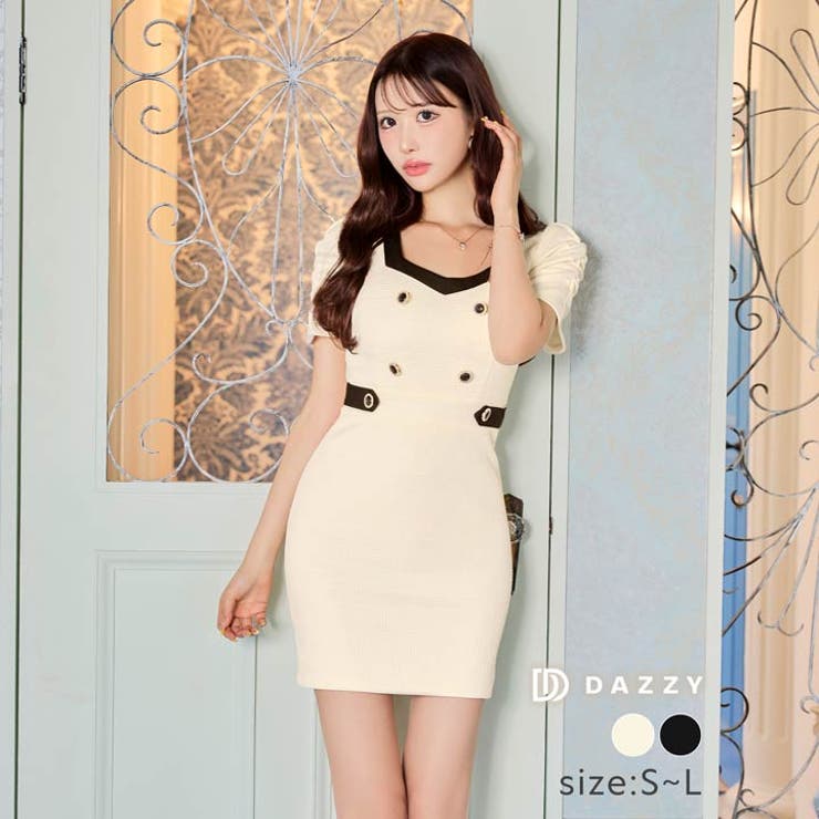 [SML 3サイズ展開] バイカラーダブルボタンビジューパフスリーブタイトミニド… | Dazzy | 詳細画像1 