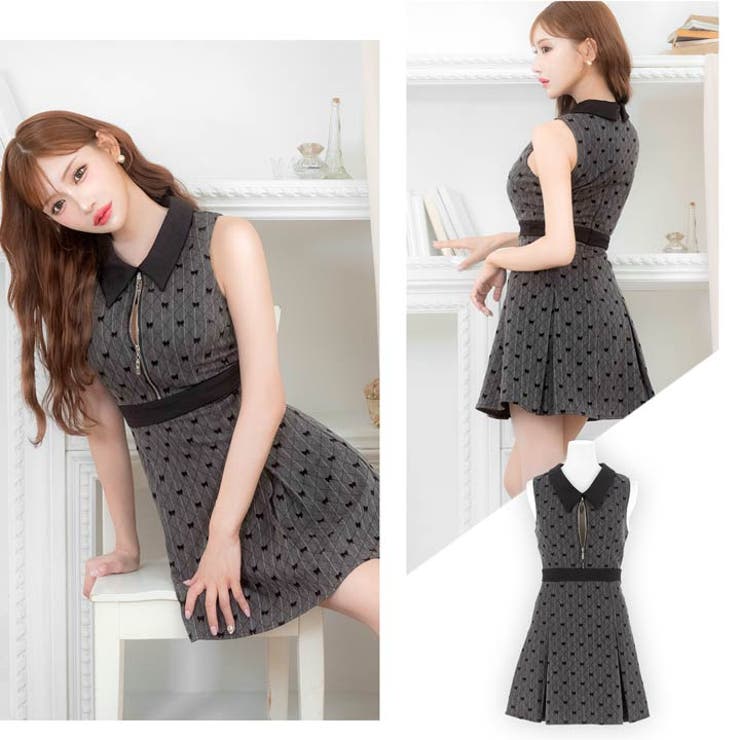 襟付きジャガードリボンフロントジップAラインミニドレス　S 襟付きジャガードリボンフロントジップAラインミニドレス S XSサイズ